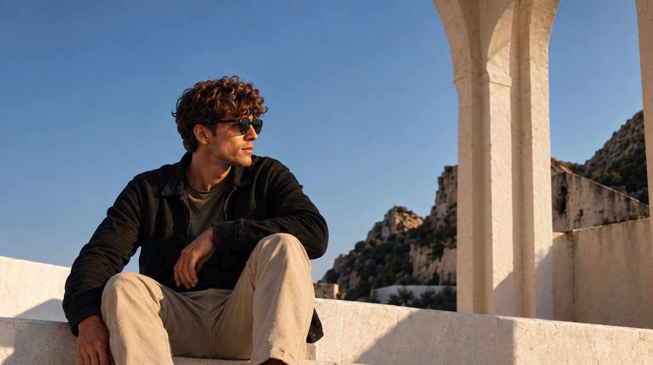 Man in sunglasses and a dark jacket seated beside a Mediterranean stone arch