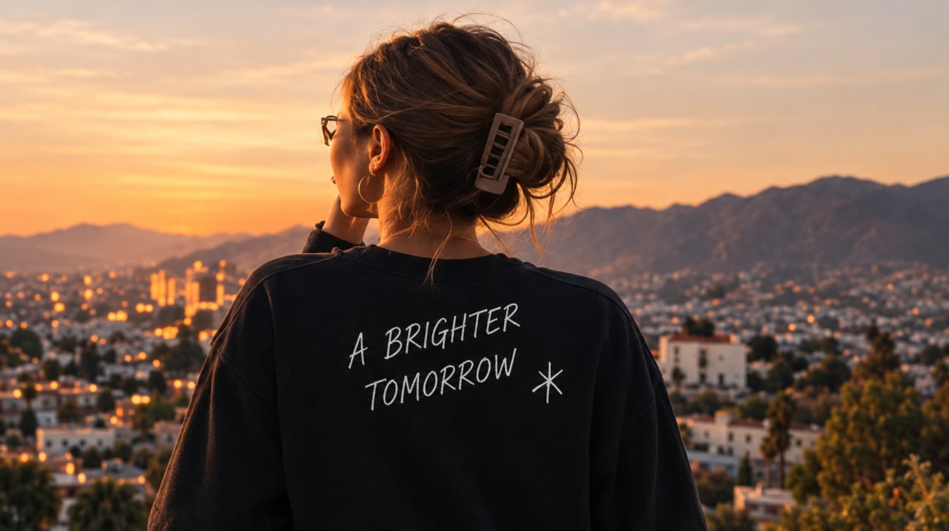 Woman overlooking a city at sunset in a shirt reading A Brighter Tomorrow