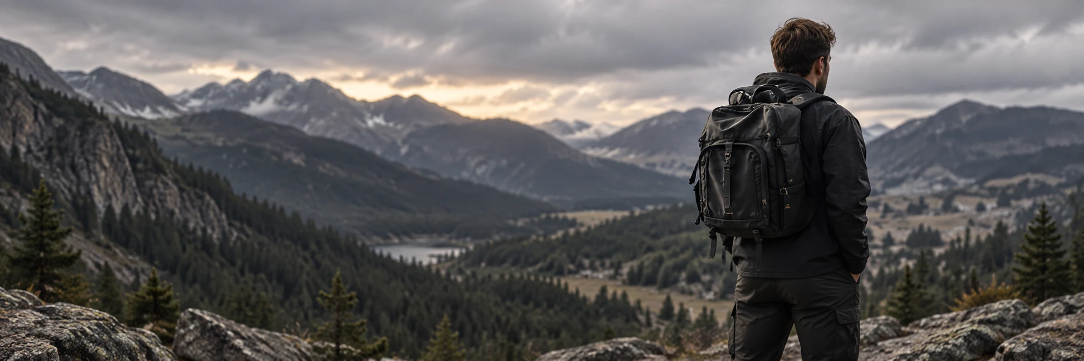 Man with a backpack overlooking a mountain valley