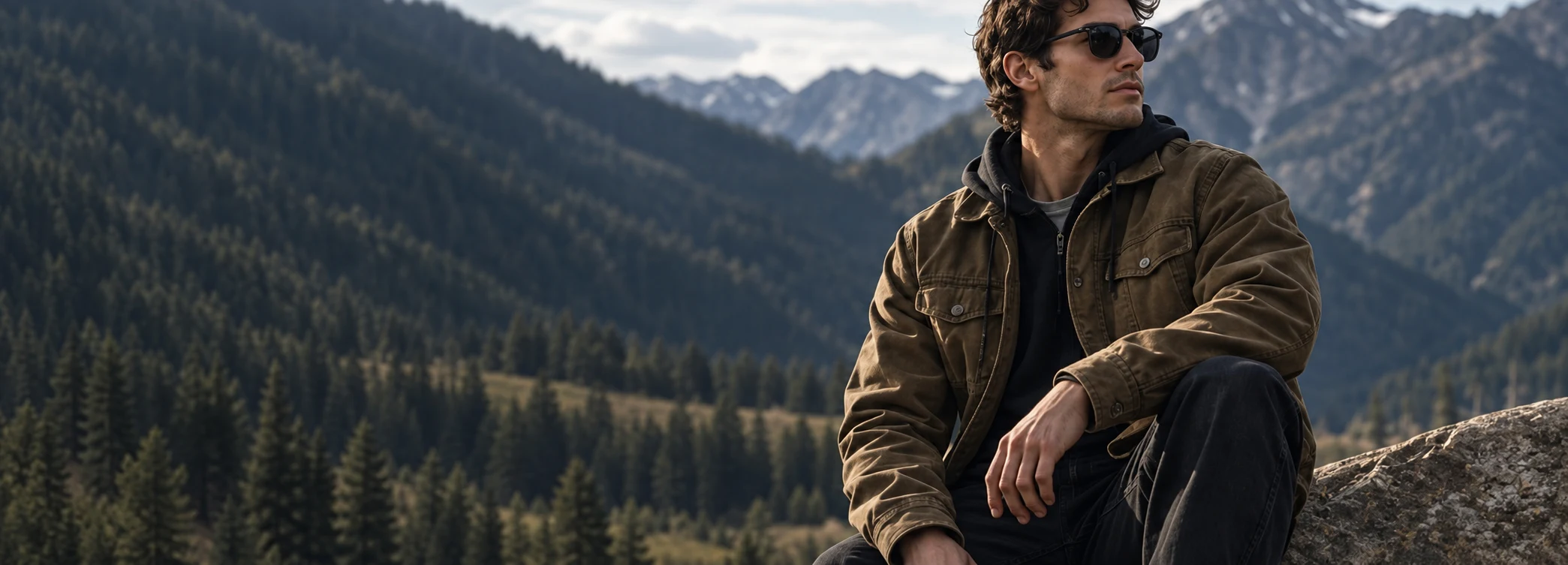 Man in a brown utility jacket against a mountain landscape