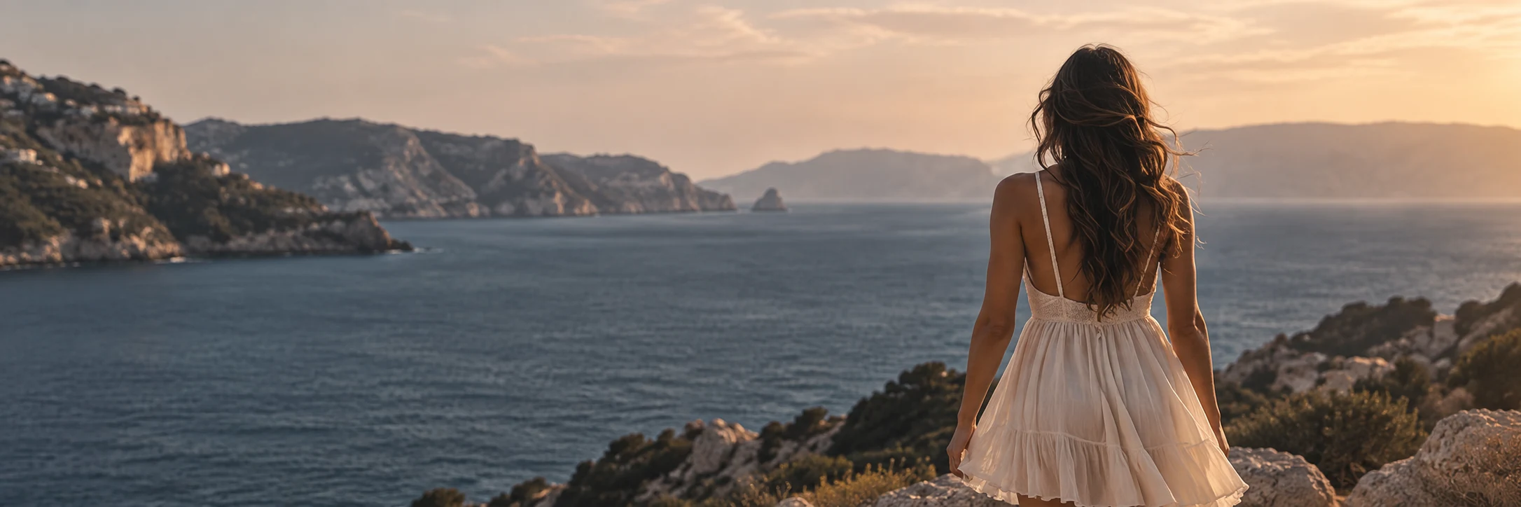 Woman in a cream dress overlooking the coast at golden hour